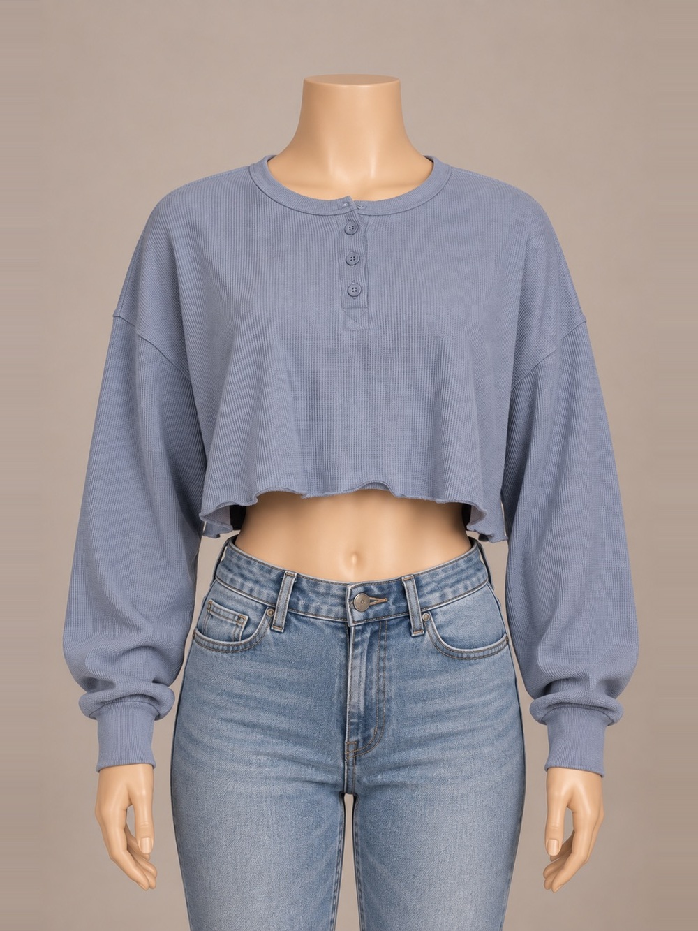 Aéropostale Oversized Cropped Henley Top Blue XXS 21” Pit to Pit
